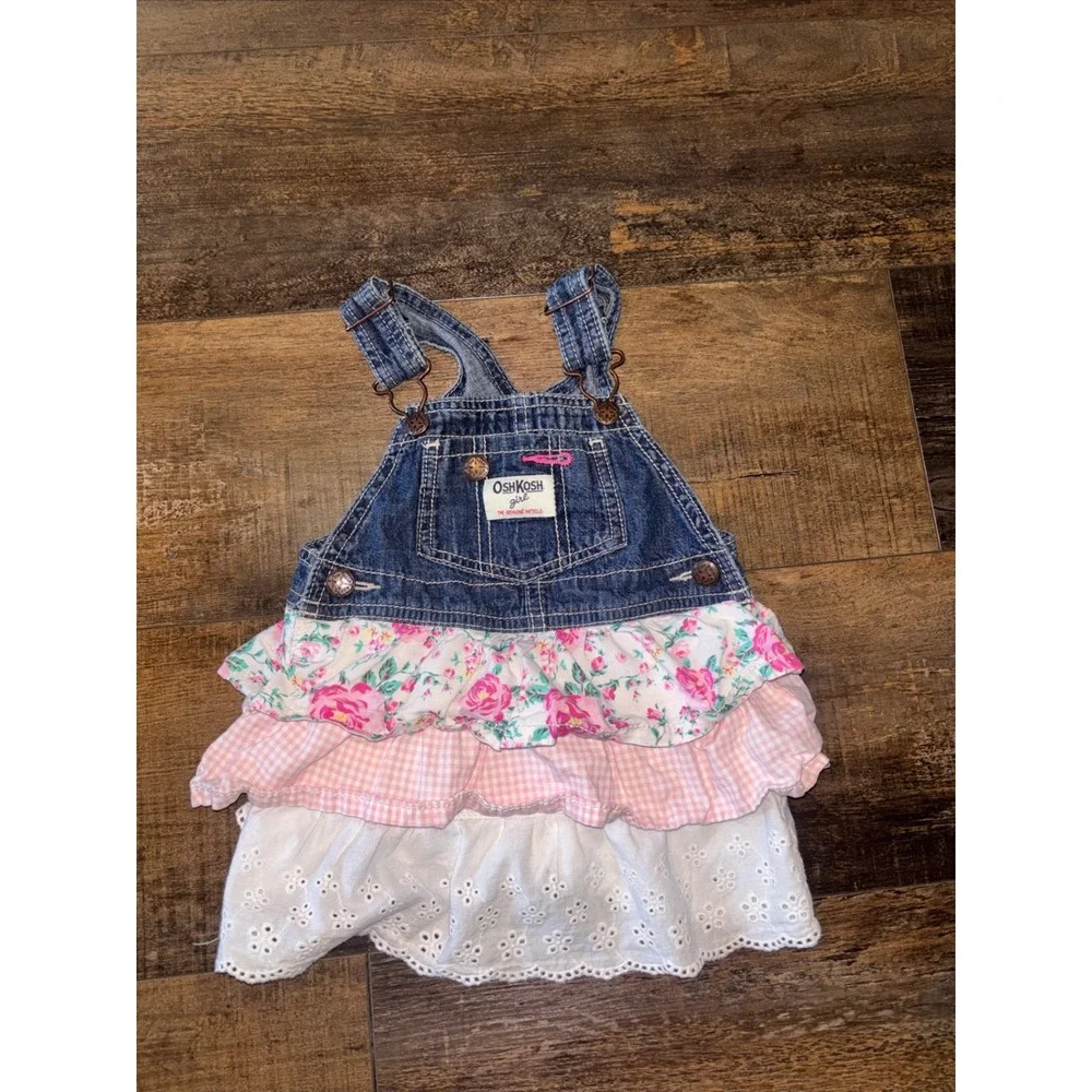 OshKosh Bgosh Girls Denim Overall Dress Floral Ruffle Skirt Vestbak
